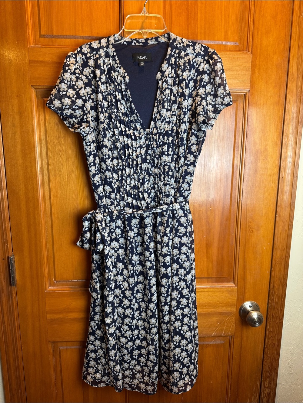 MSK Navy Blue Floral Chiffon Midi Dress with Cream Floral Blooms Size 10